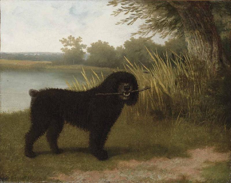 Jacques-Laurent Agasse A black water dog with a stick by a lake